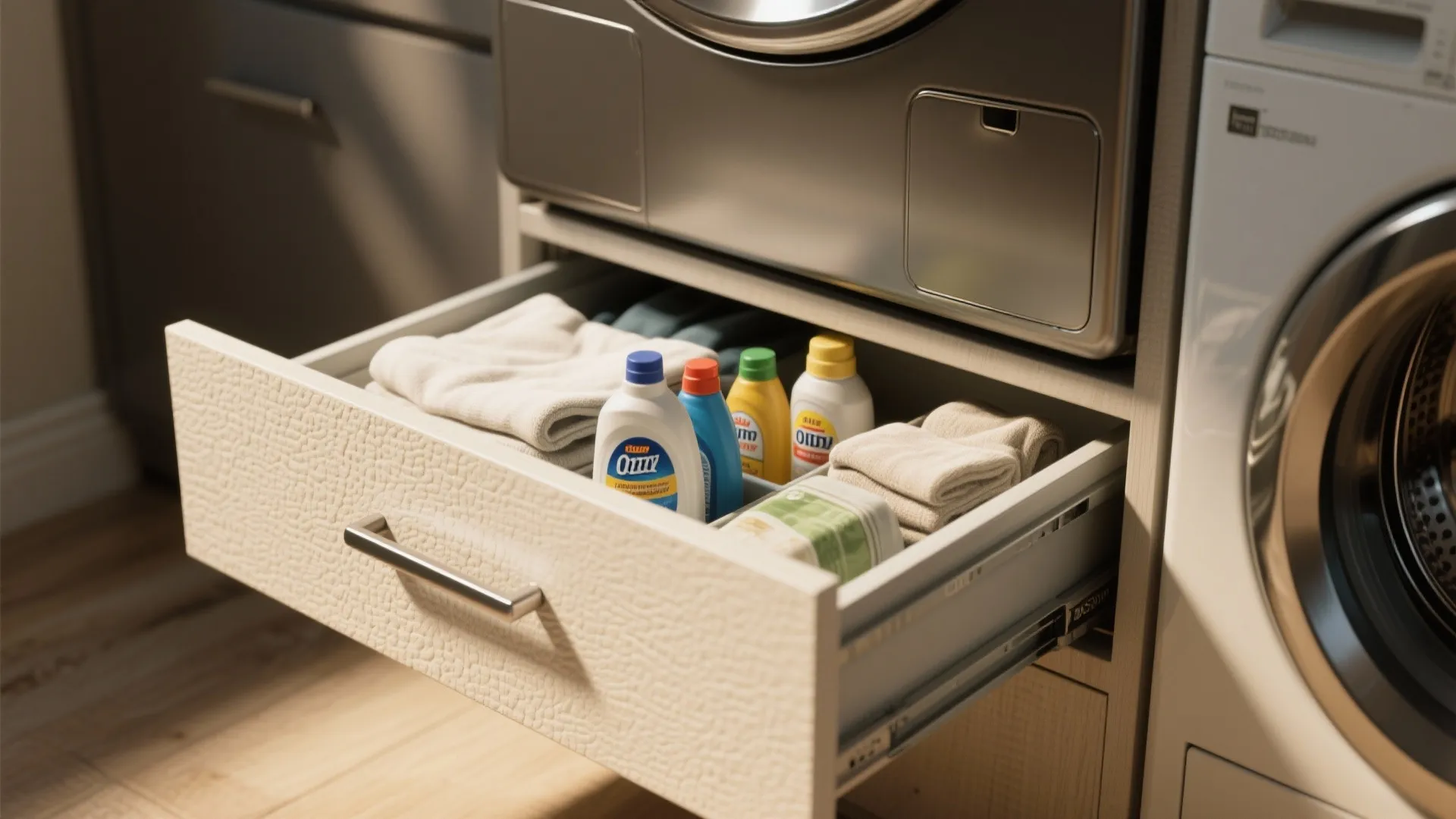 Open laundry pedestal drawer containing folded white towels and several bottles of liquid cleaning detergent