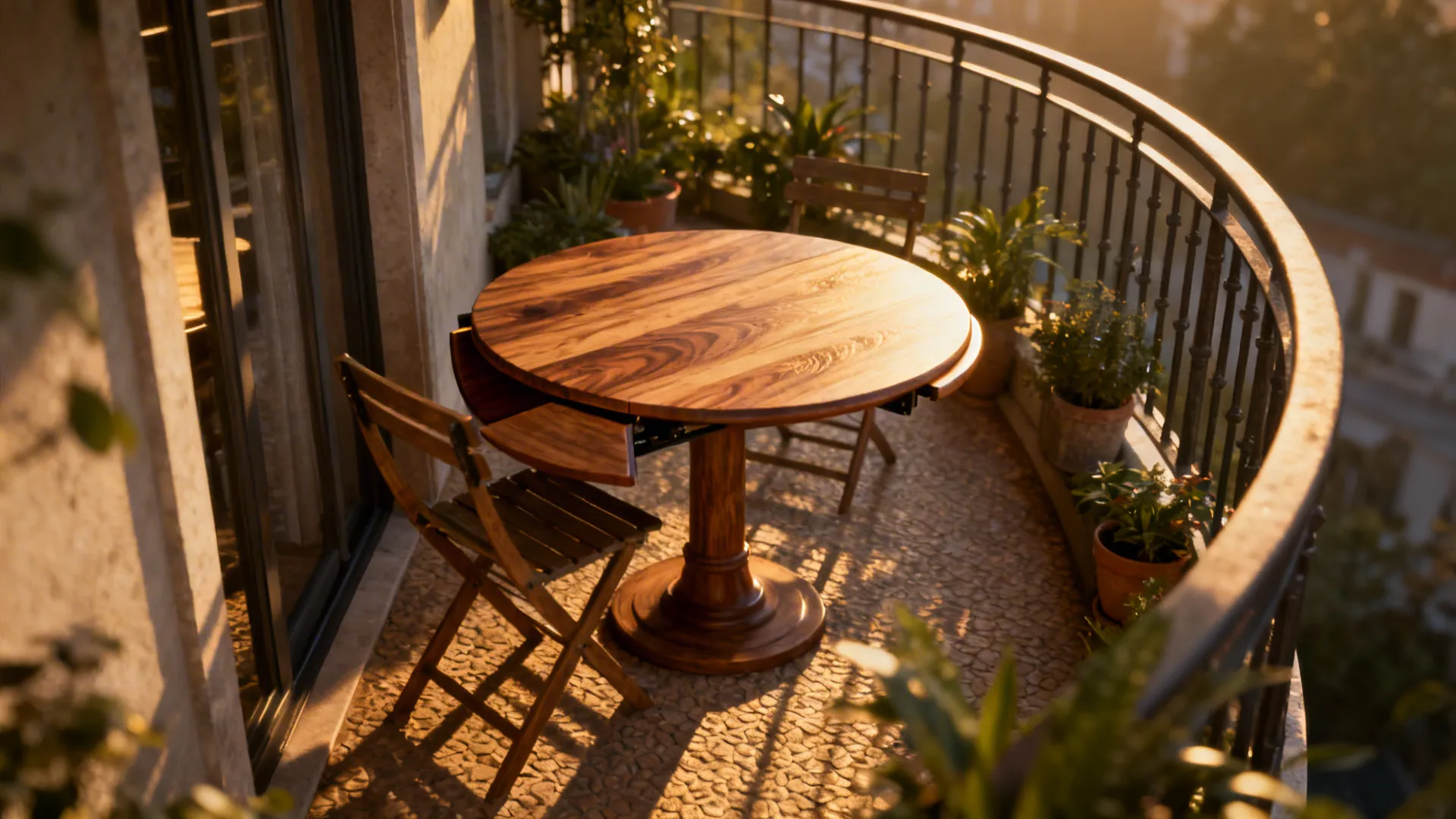 Round pedestal drop leaf table on a narrow balcony with chairs tucked in, creating a cozy dining nook.
