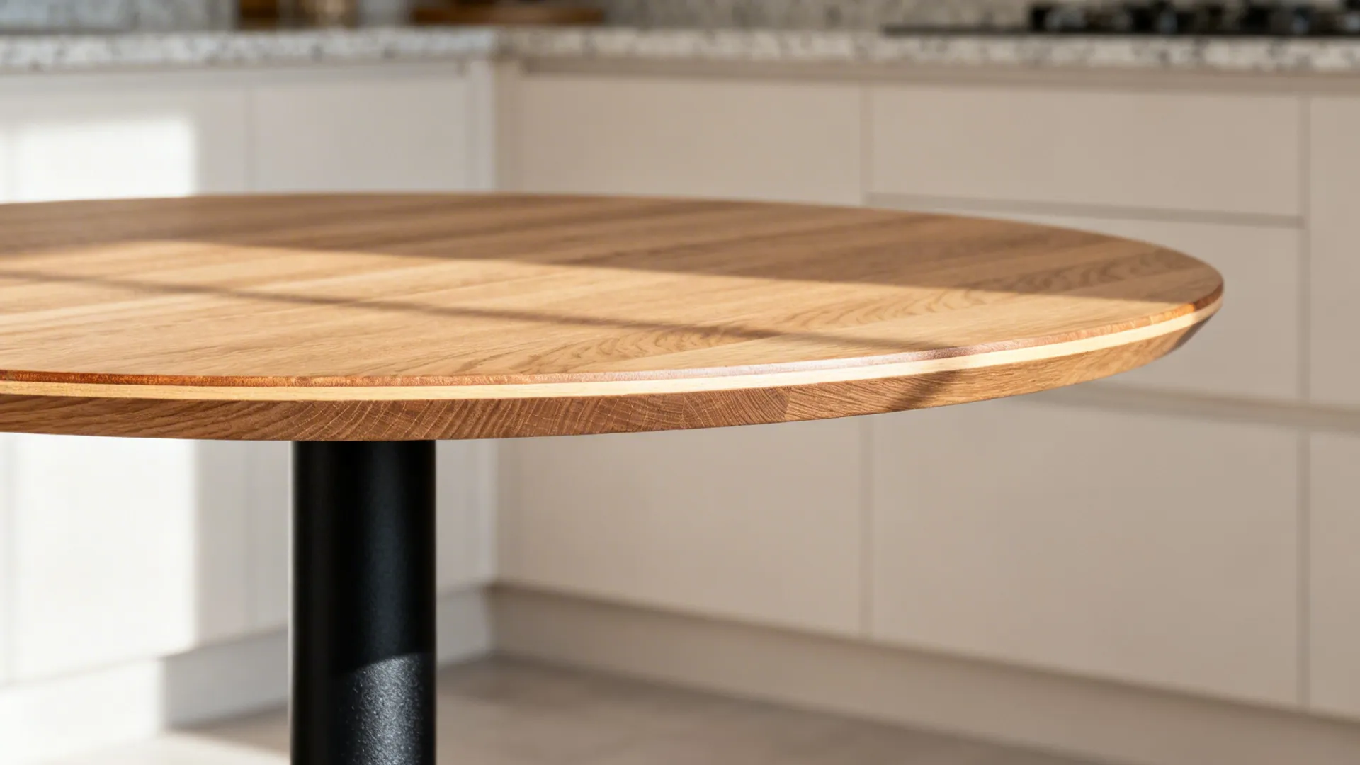 Macro of thin oak tabletop and slim matte black pedestal with fine texture.