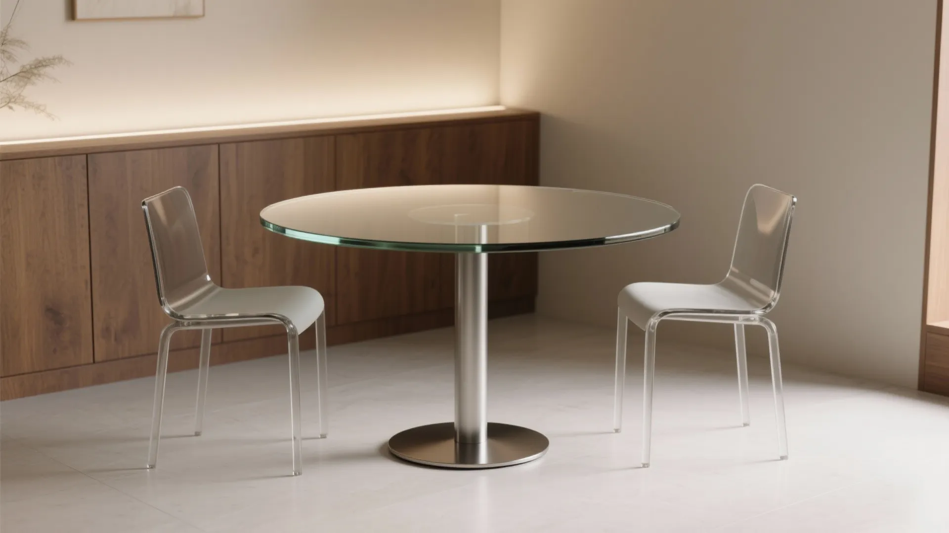 Modern round glass dining table with silver metal base and two clear plastic chairs in room