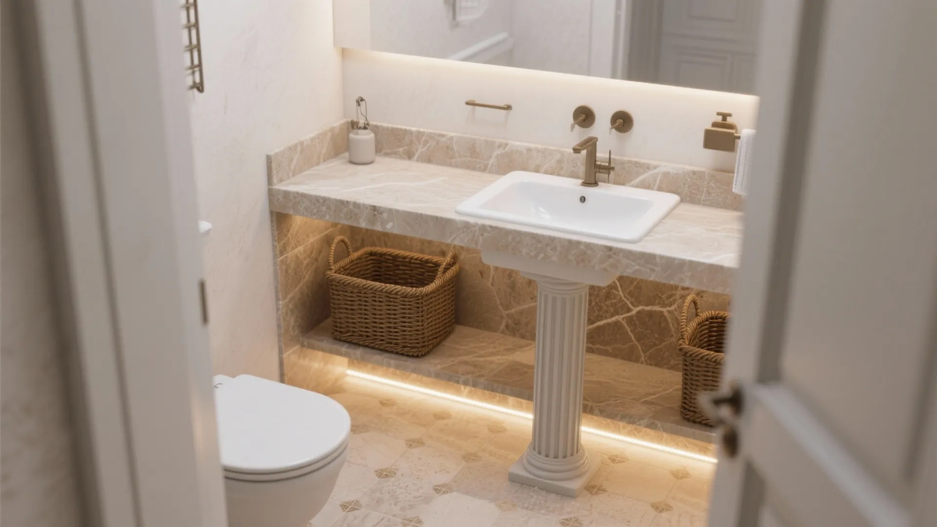 3. Pedestal sink or floating vanity with column accents