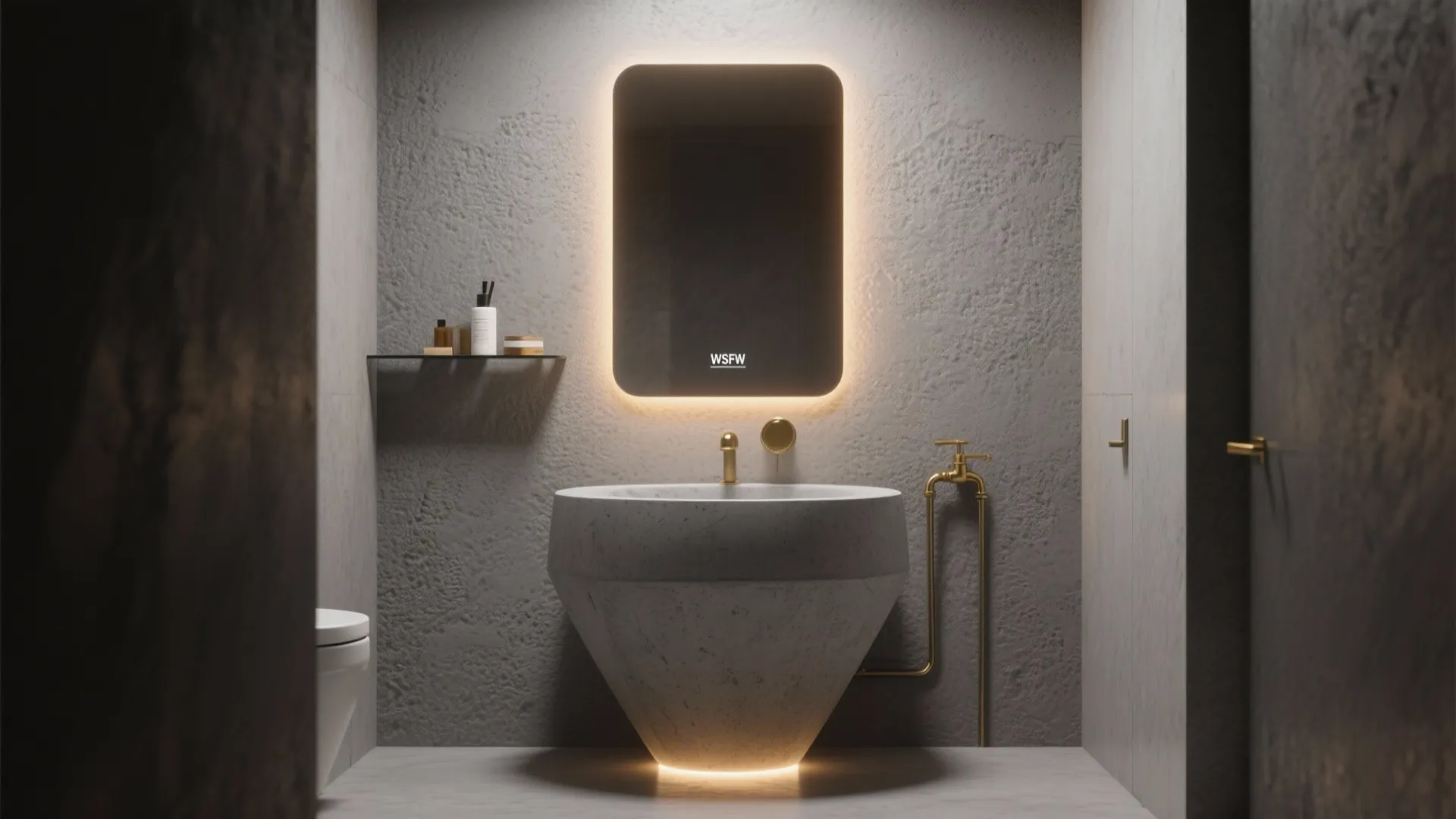 Modern bathroom with stone sink under glowing mirror and gold tap against textured grey wall