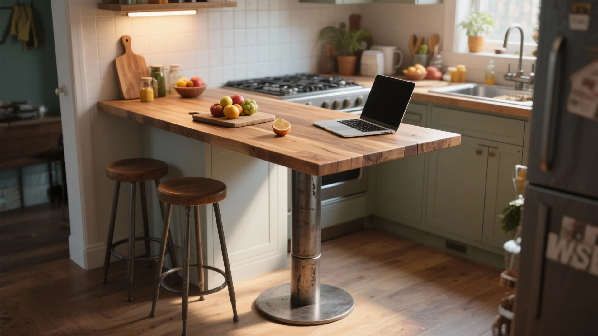 Modern kitchen with wooden breakfast bar two stools a laptop fresh fruit and green kitchen cabinets