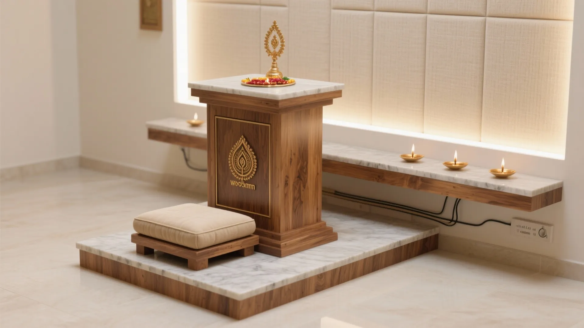 Wooden prayer stand with marble top next to small footrest cushion on white stone floor area