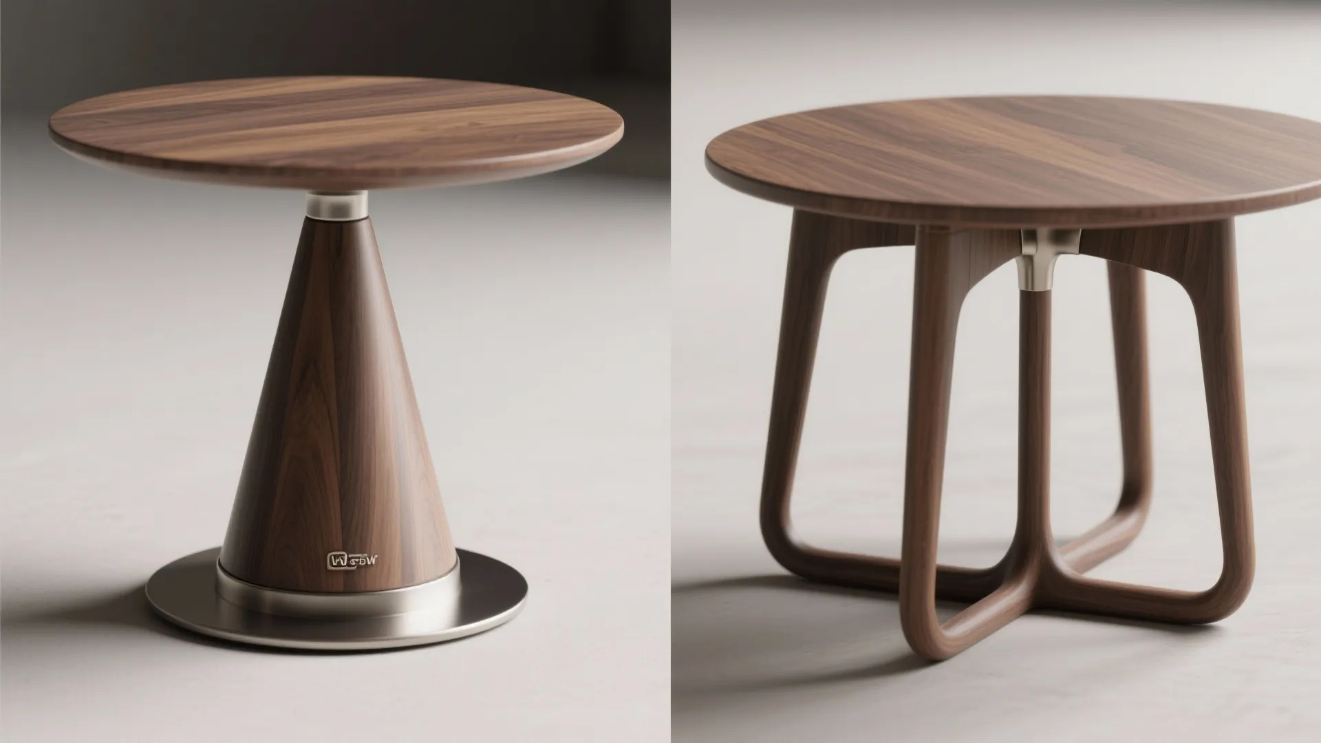 Two round wooden side tables showing base designs including a cone and four curved legs