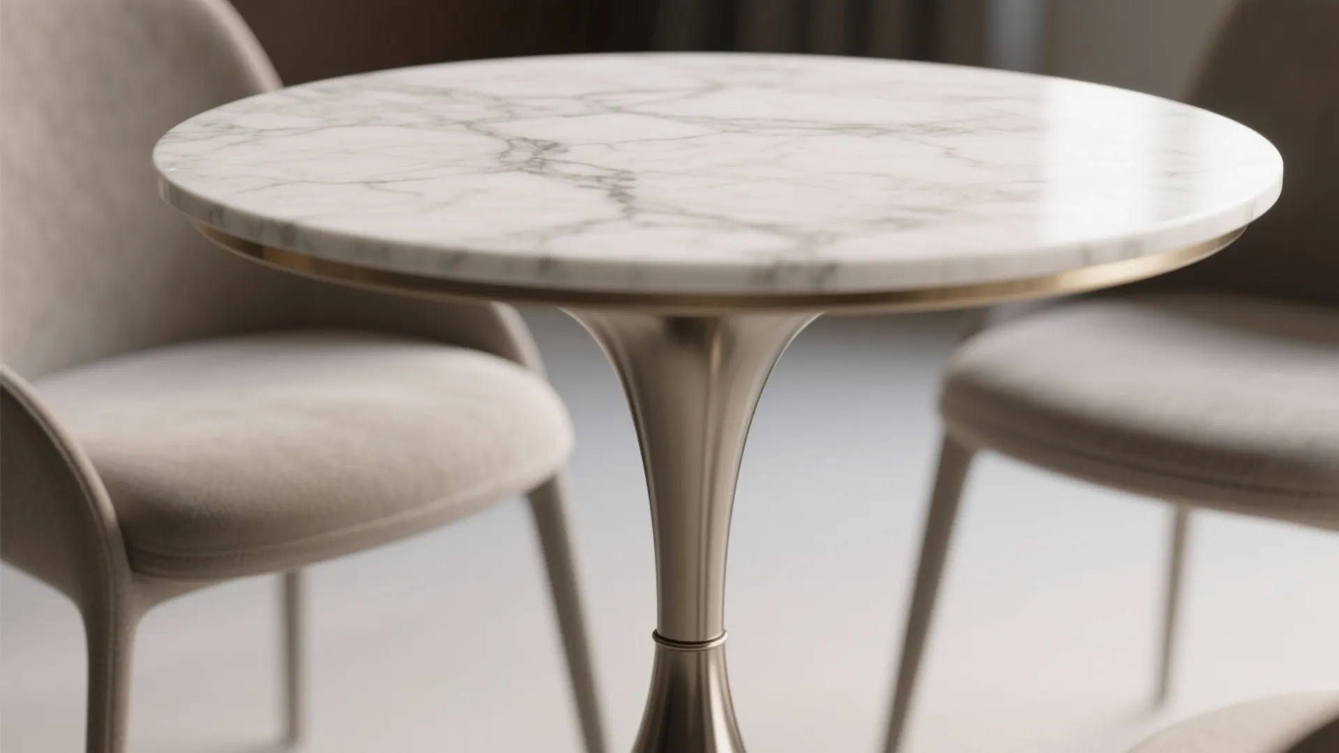 Close up of a round white marble table with gold metal base and two chairs