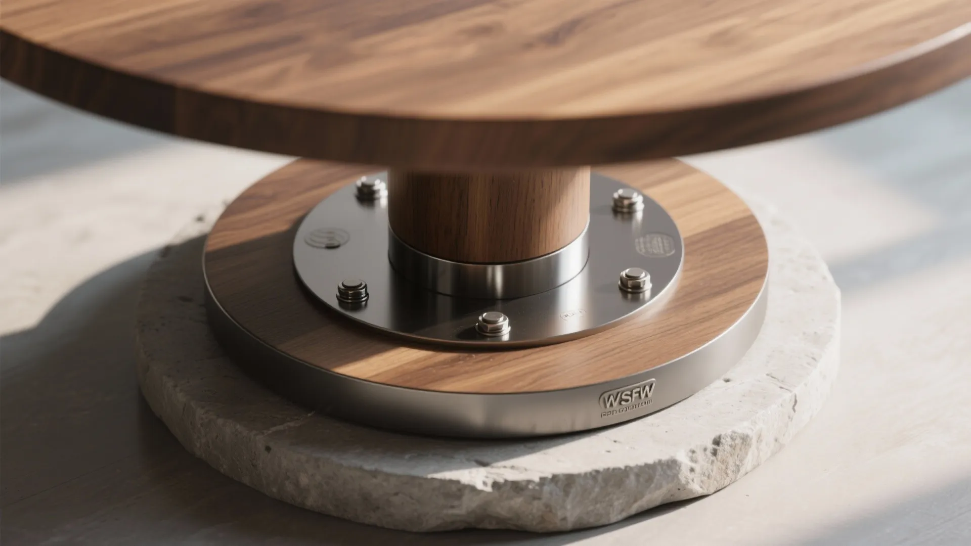 Close up of wood table base with metal plate and bolts resting on stone floor