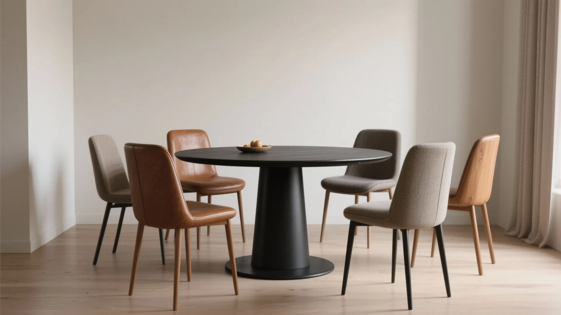 1. Slim pedestal table with mixed-material chairs