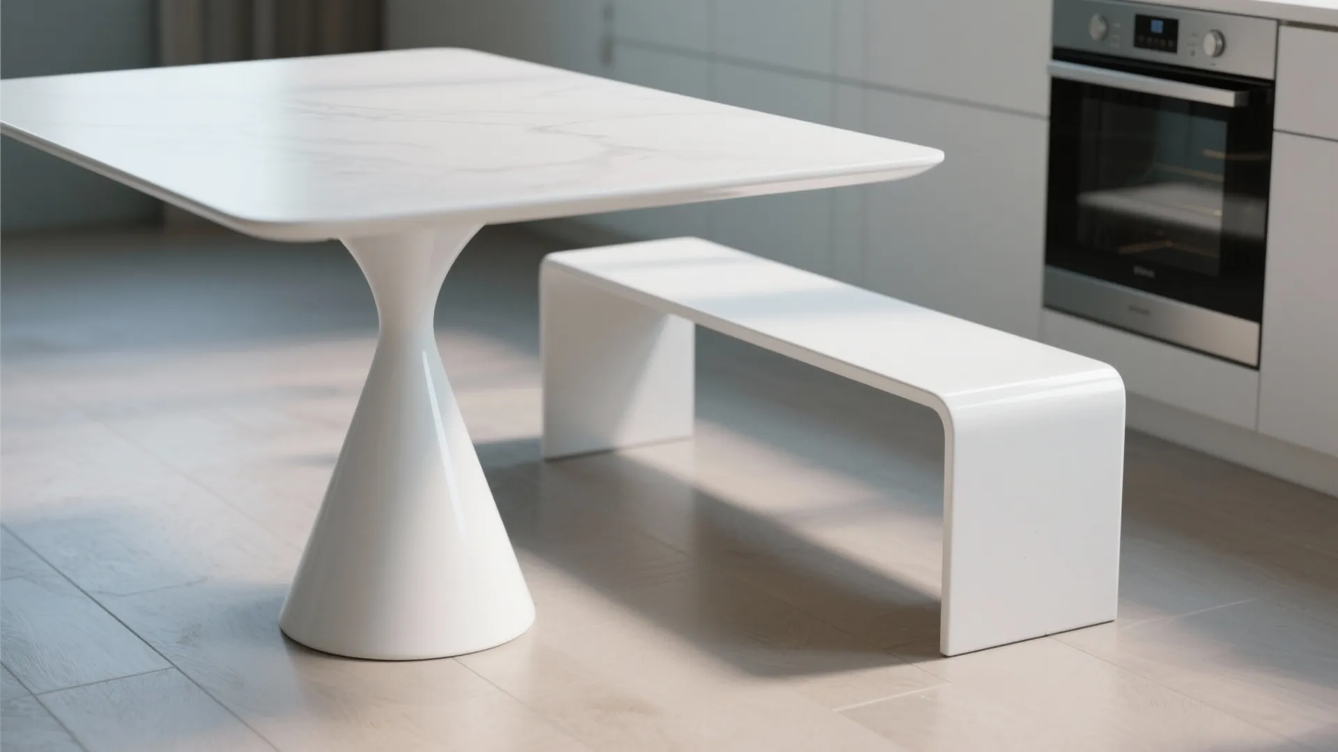 Minimalist white pedestal table with a narrow bench, close-up on clean lacquered finish and slim profile.