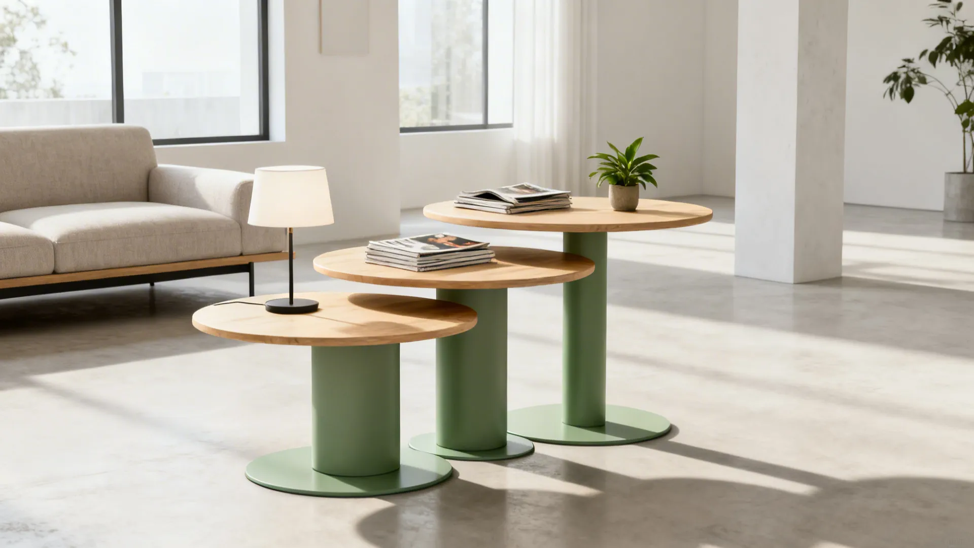 Three round wooden coffee tables with green bases in a bright modern living room setting