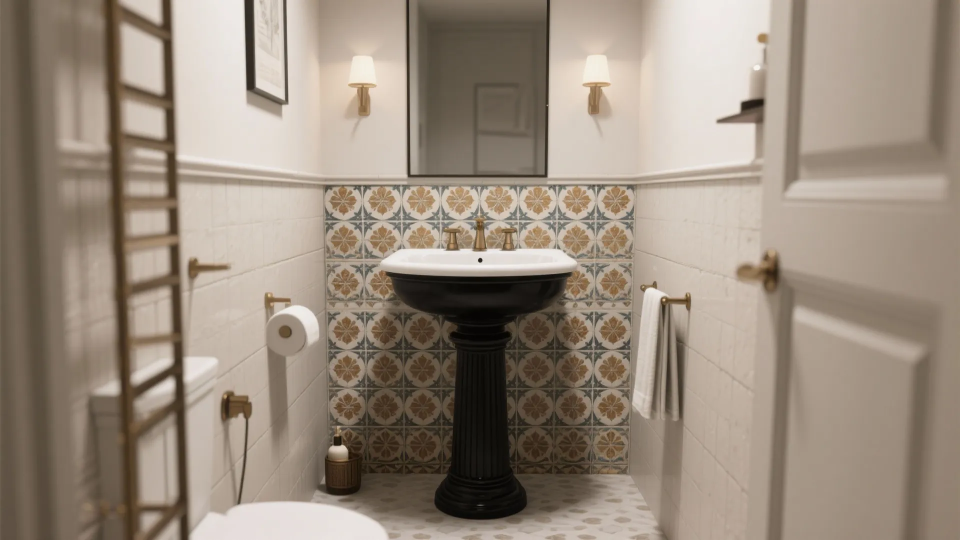 5. Black pedestal sink with patterned tile backdrop