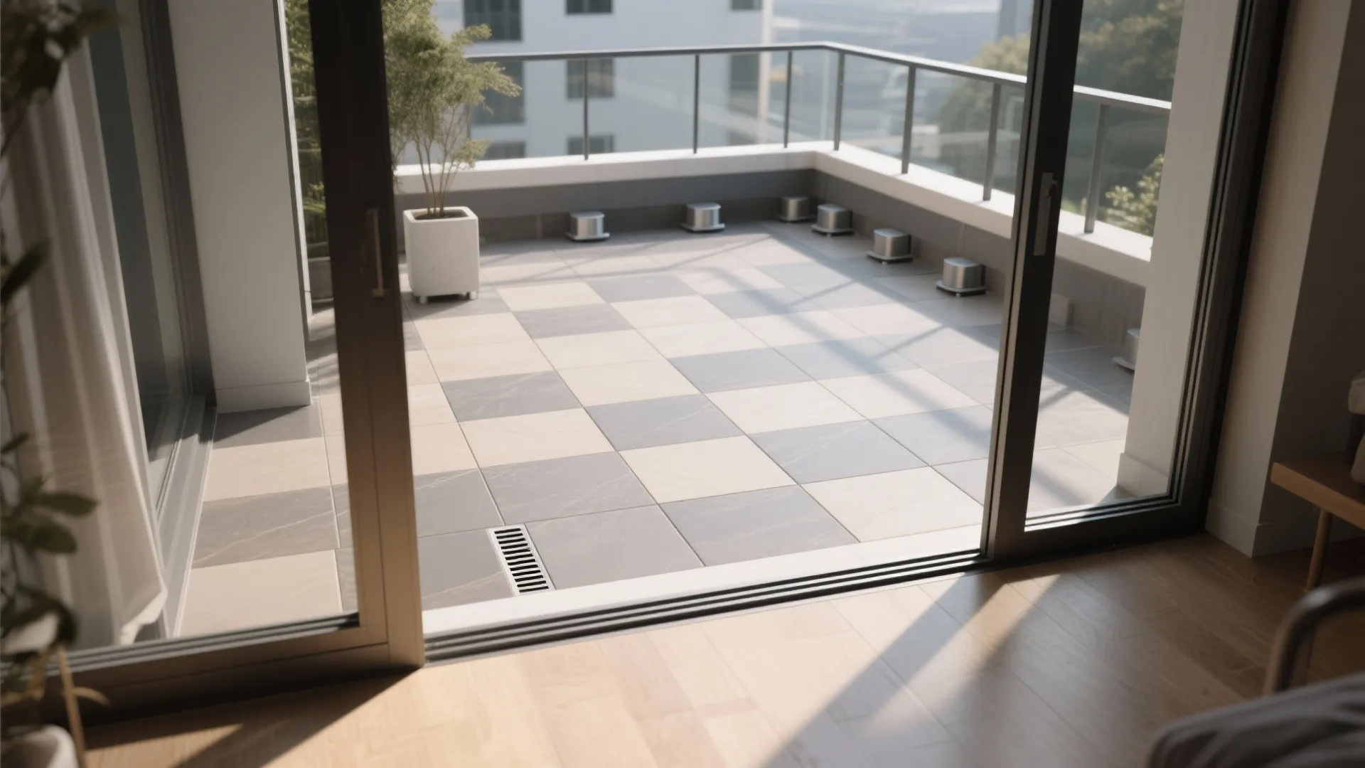 Outdoor balcony floor with grey and white tiles showing drain cover and small metal support bases