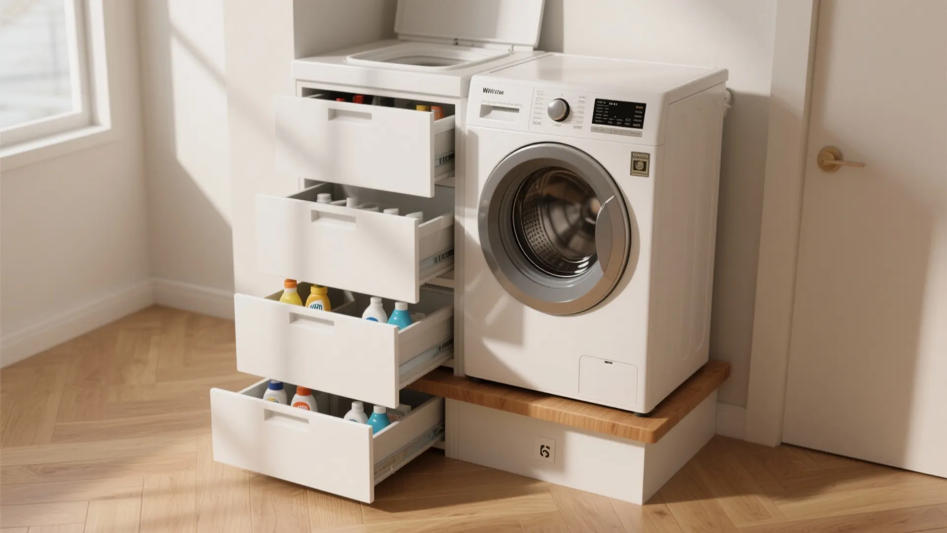 Modern white washing machine on wooden platform with four pullout drawers storing various laundry detergent bottles