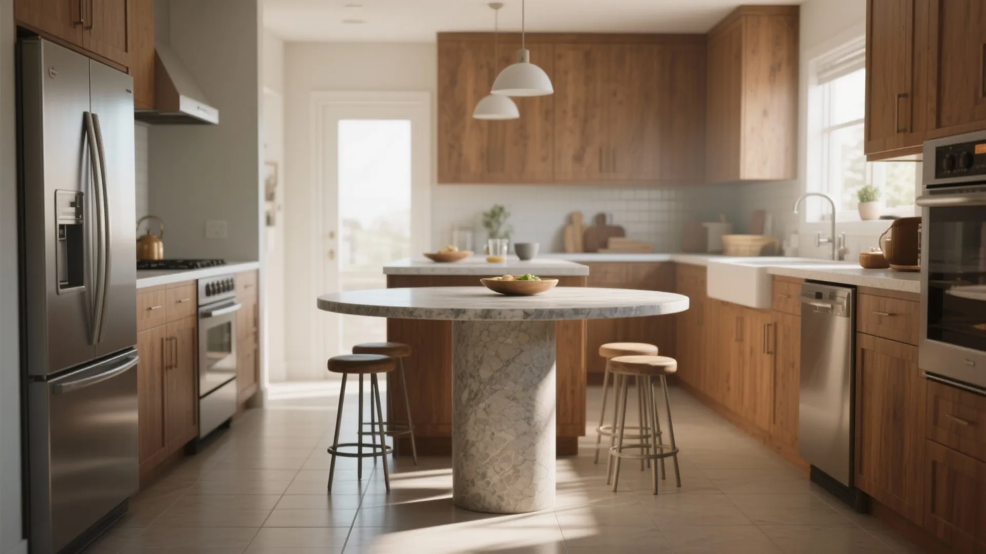 2. Pedestal round table that doubles as a prep island