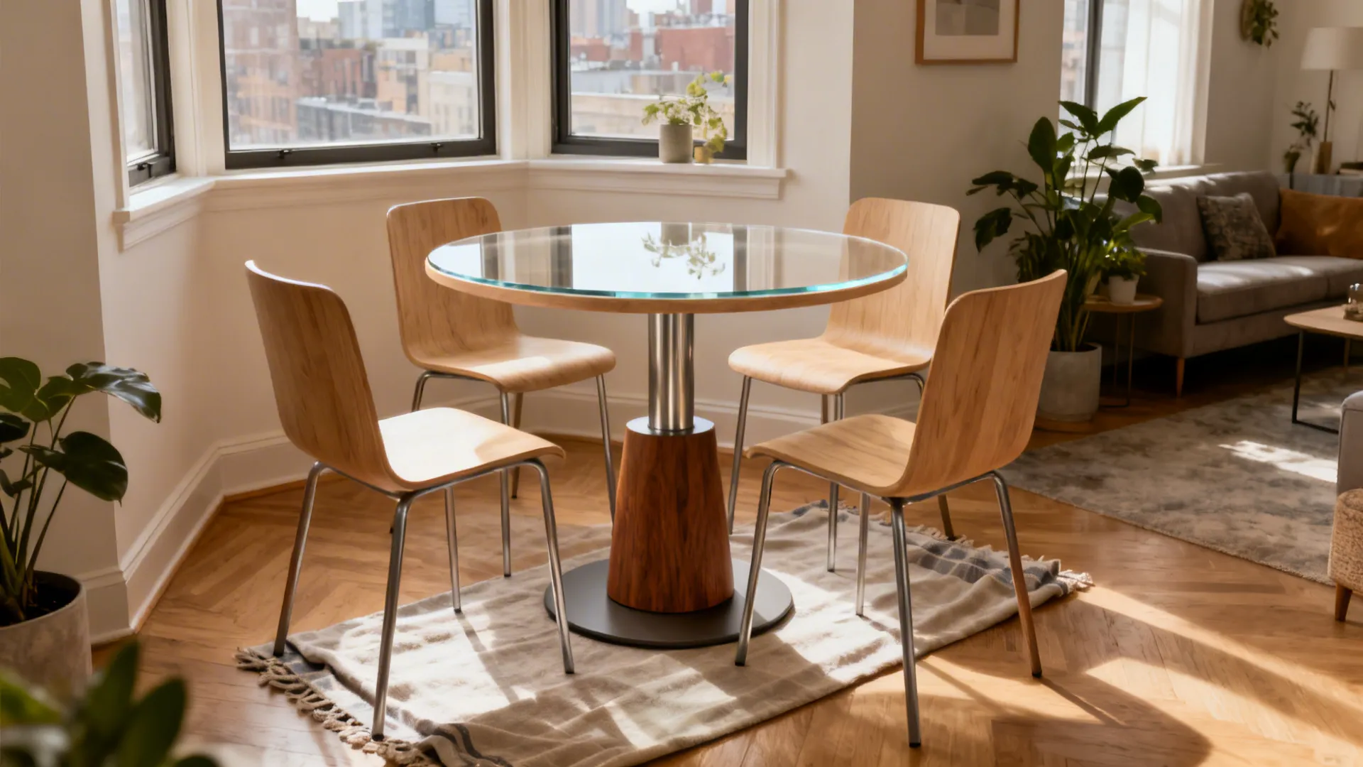 Round pedestal dining table seats four with clear circulation in a compact corner.