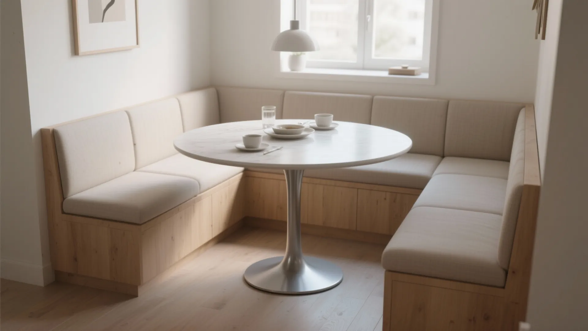 Round white marble dining table with metal base surrounded by a built in wooden sofa