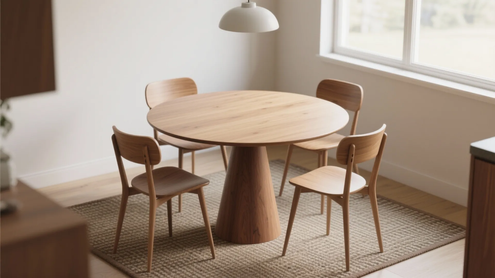 Round wooden dining table with pedestal base and four matching chairs on a brown rug