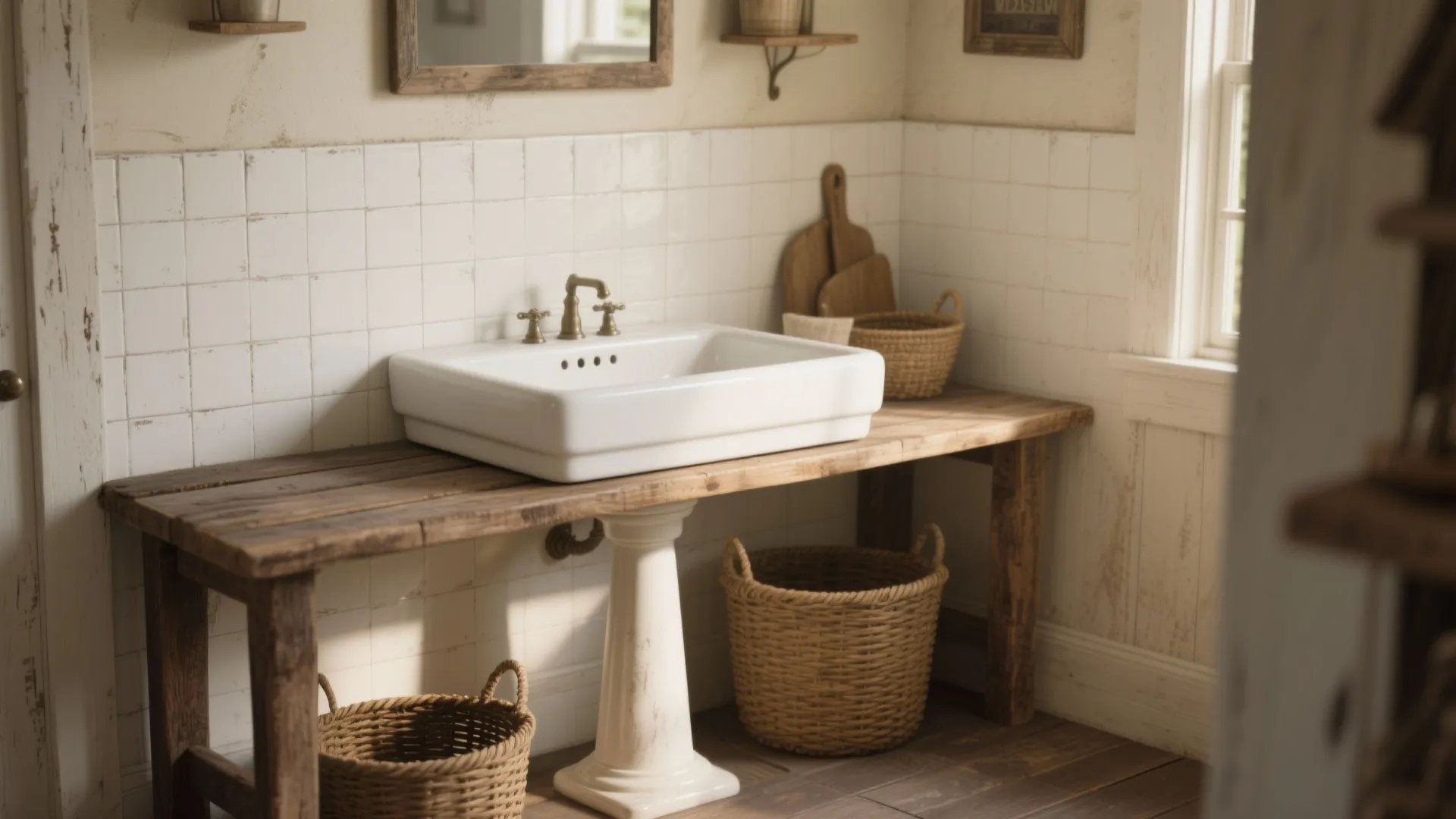 2. Pedestal Sink with a Rustic Shelf