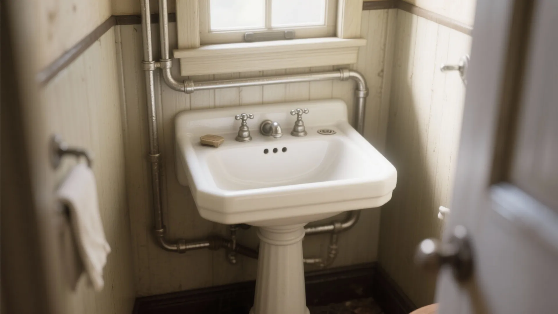 Classic white pedestal sink with silver metal pipes and vintage faucet under a small window