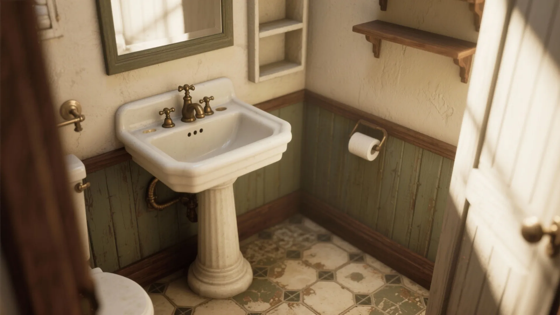 Vintage bathroom featuring a white sink with brass faucet green wall panel and patterned floor tiles