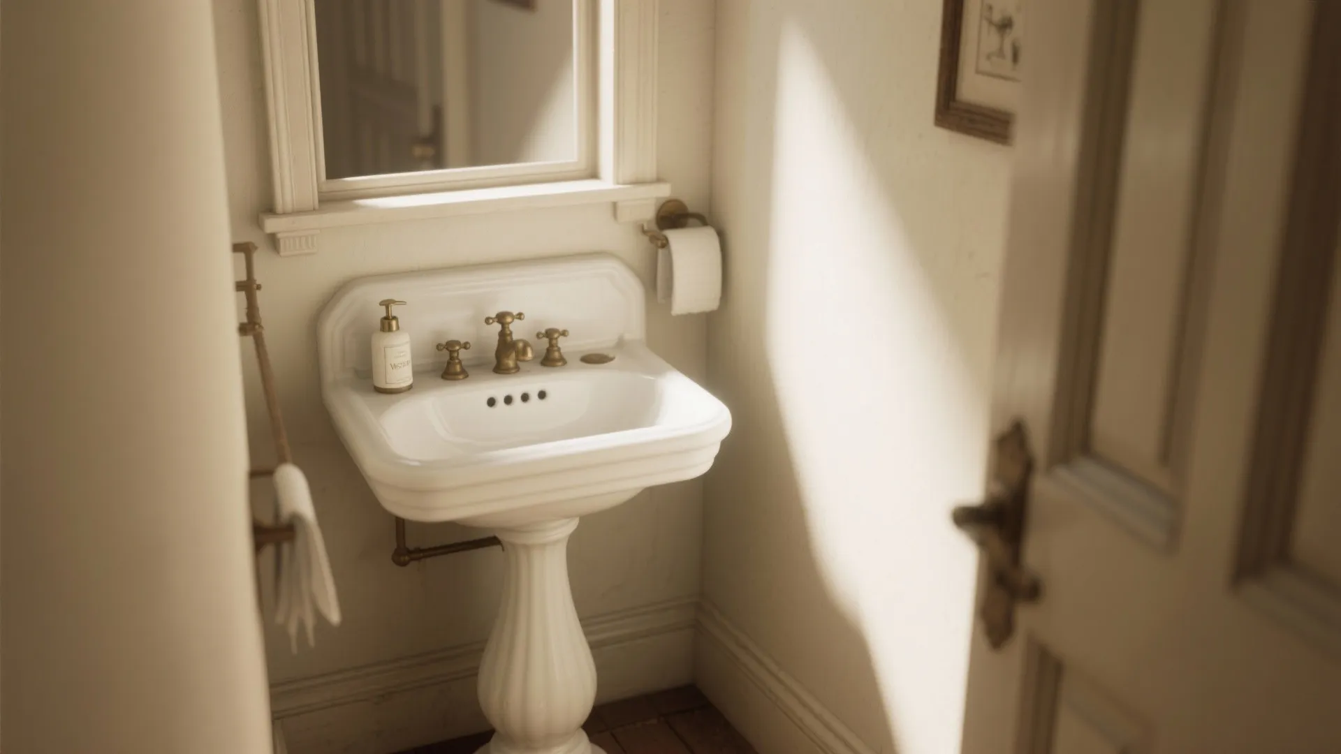 Classic white pedestal sink with brass water tap in a bathroom with white wall panels