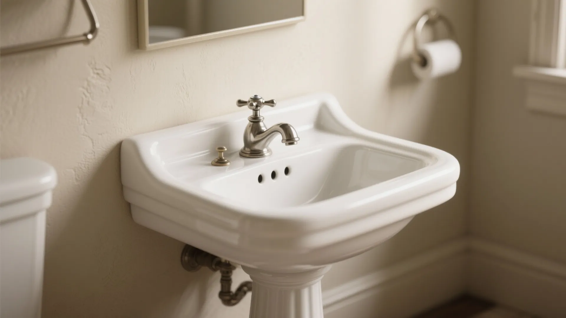 Close up of a white bathroom sink with silver water tap and toilet paper on wall