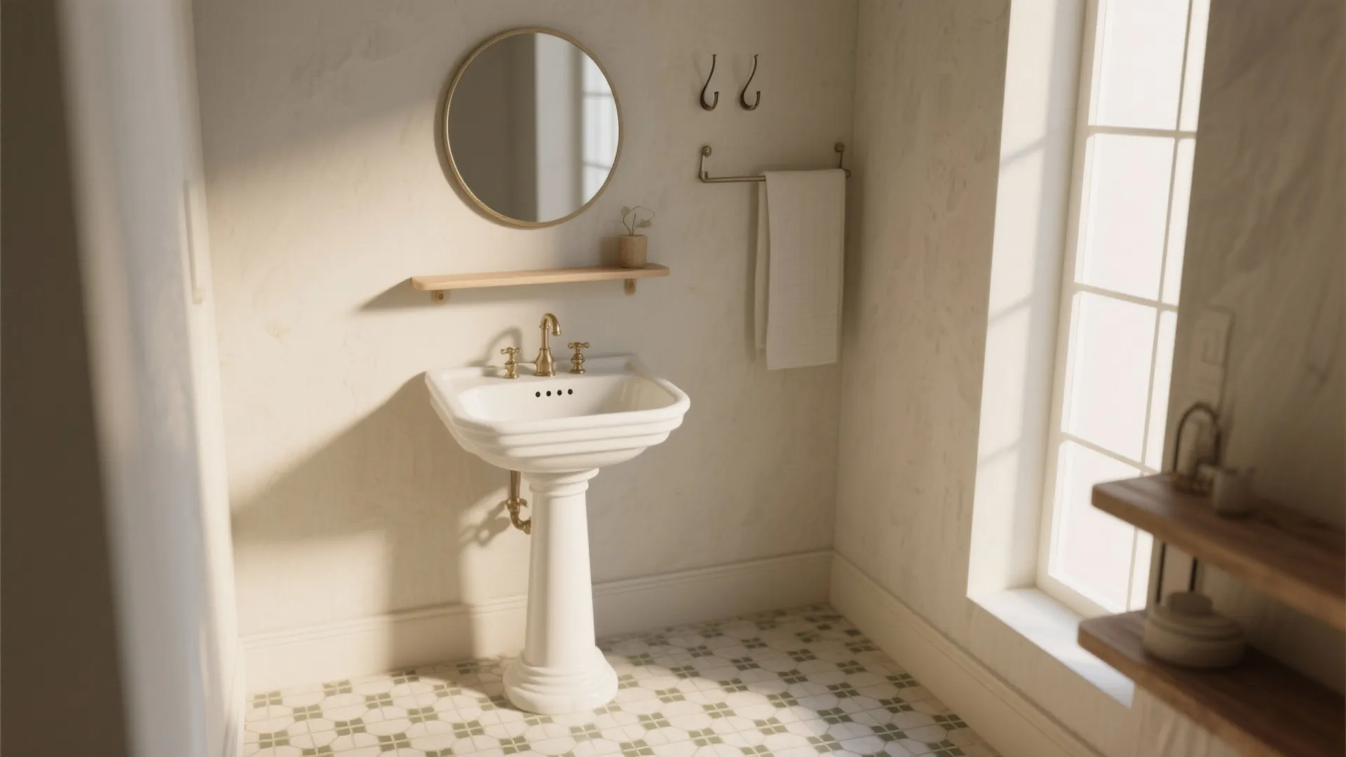 4. Pedestal Sink with a Wall Shelf