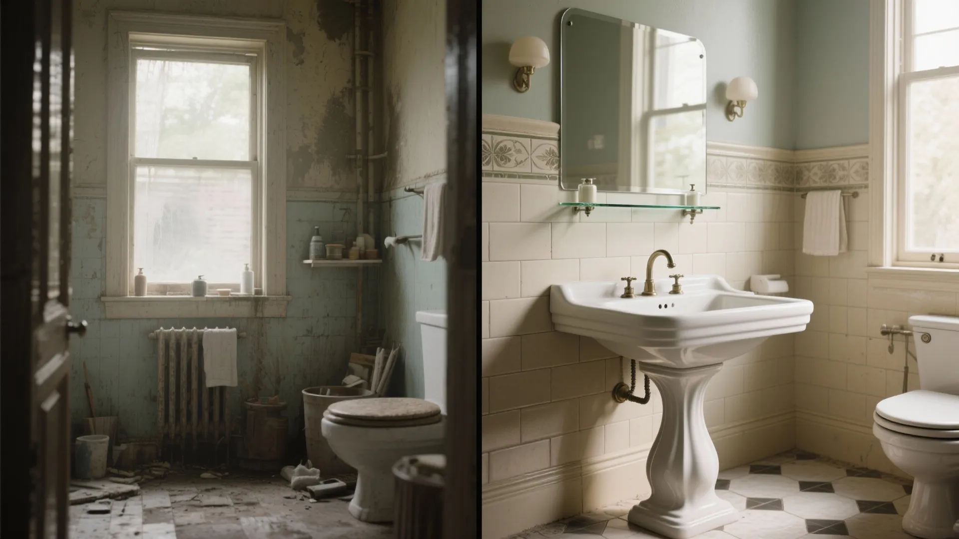 Before and after comparison showing a dirty old bathroom versus a clean renovated white pedestal sink