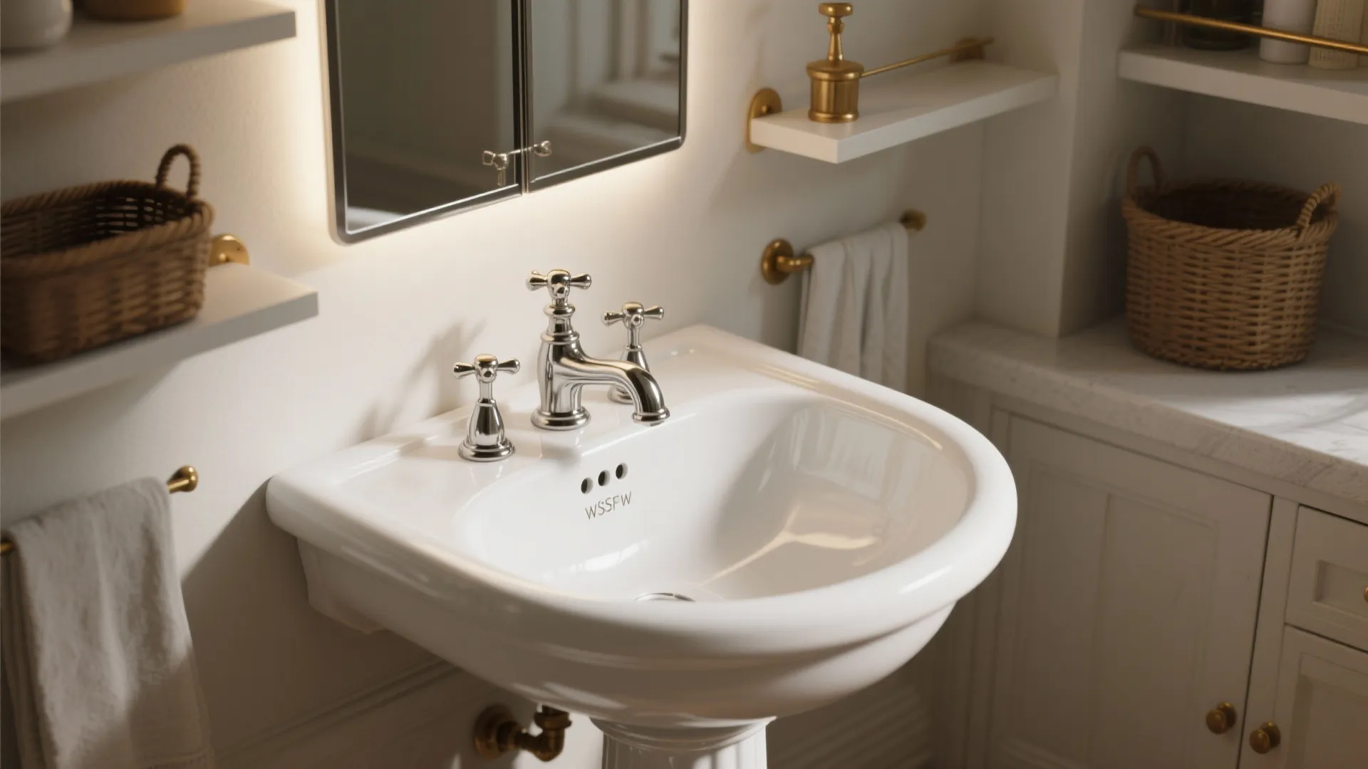 3. Rounded Pedestal Sink and Vintage Fixtures