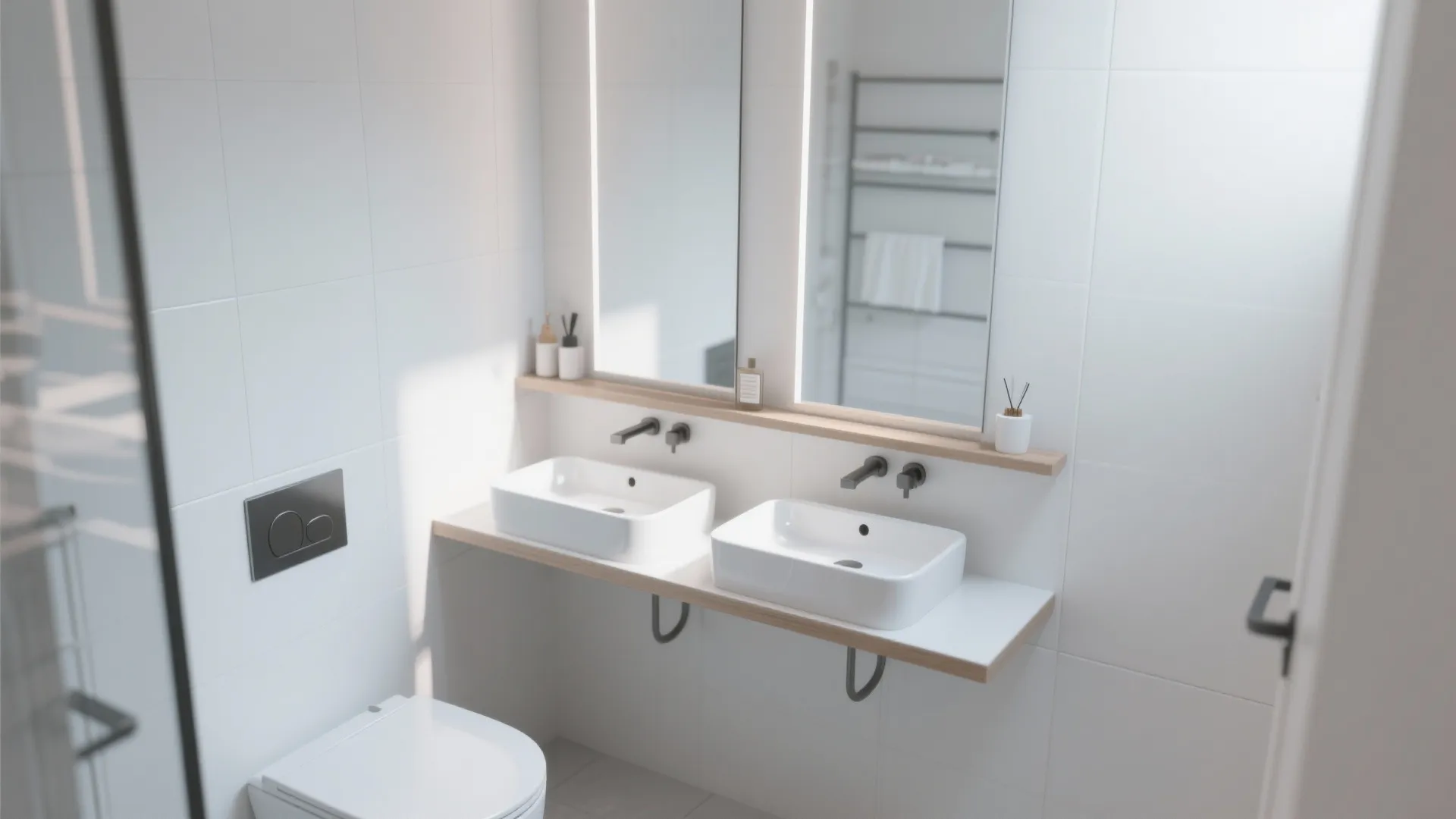 8. Two Pedestal Sinks with a Shared Shelf