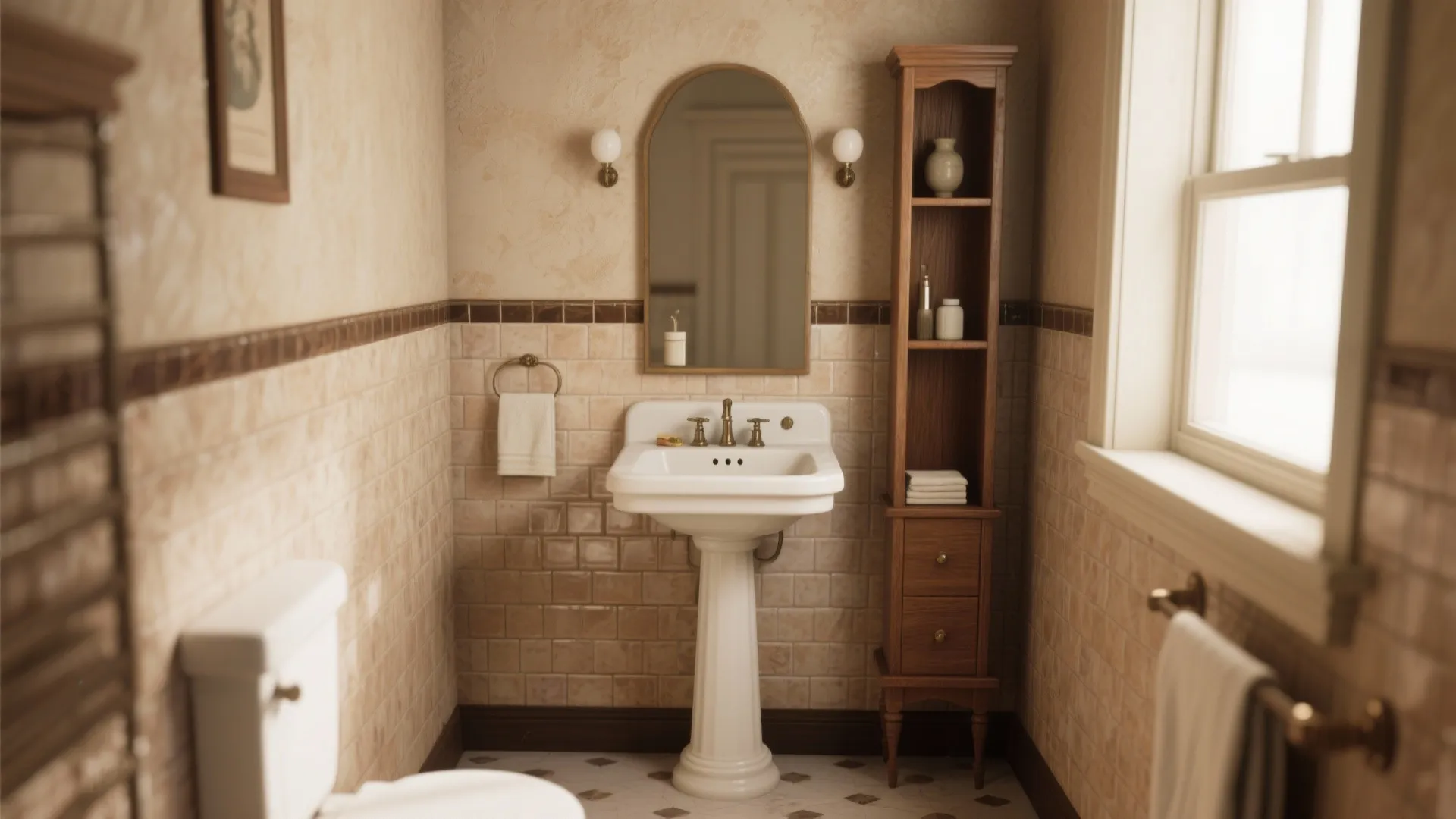 Small bathroom with a slim pedestal sink and a narrow storage tower in a vintage-modern mix