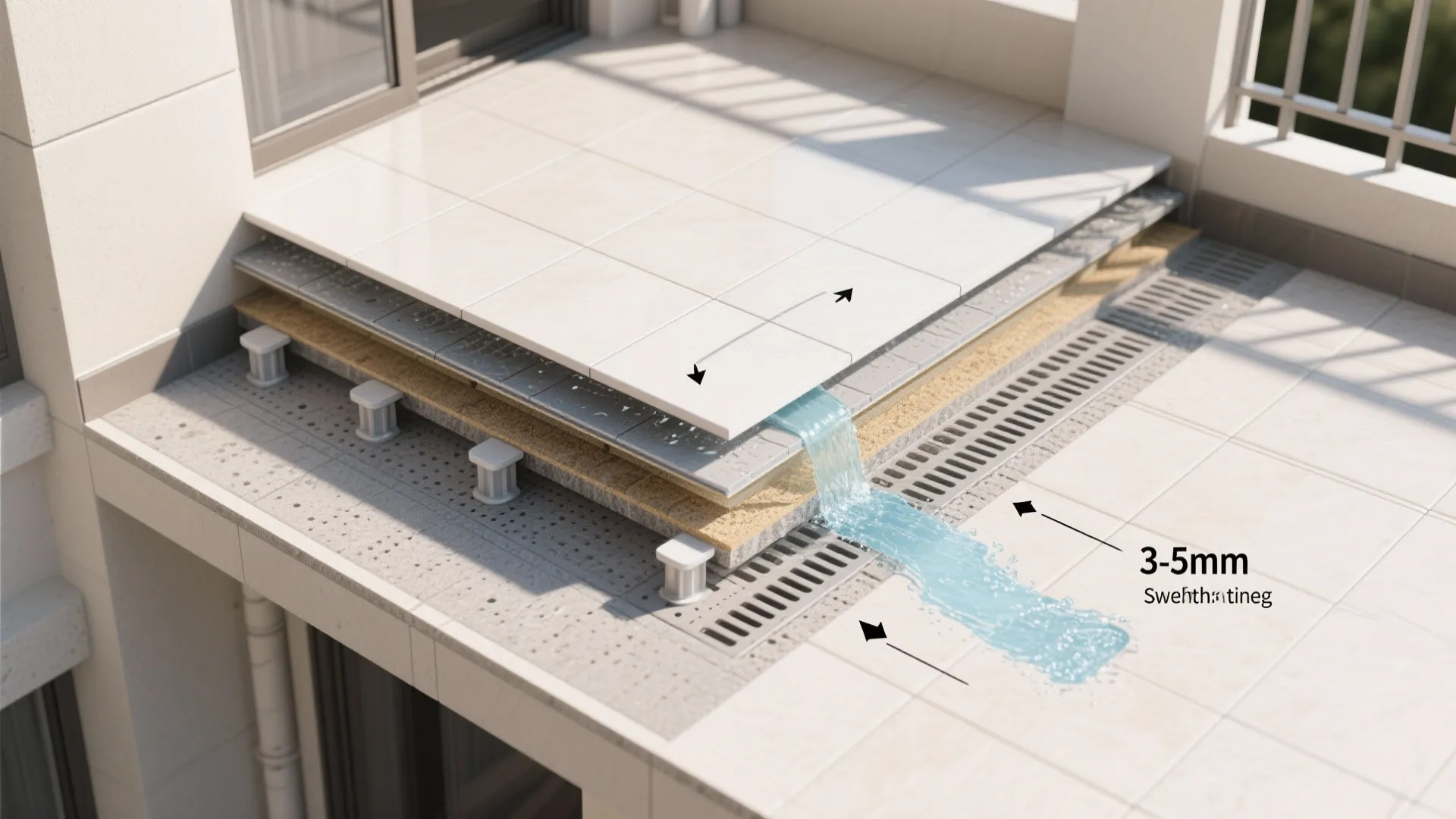 Top-down view showing porcelain pavers on pedestals above a drainage plane and intact membrane.