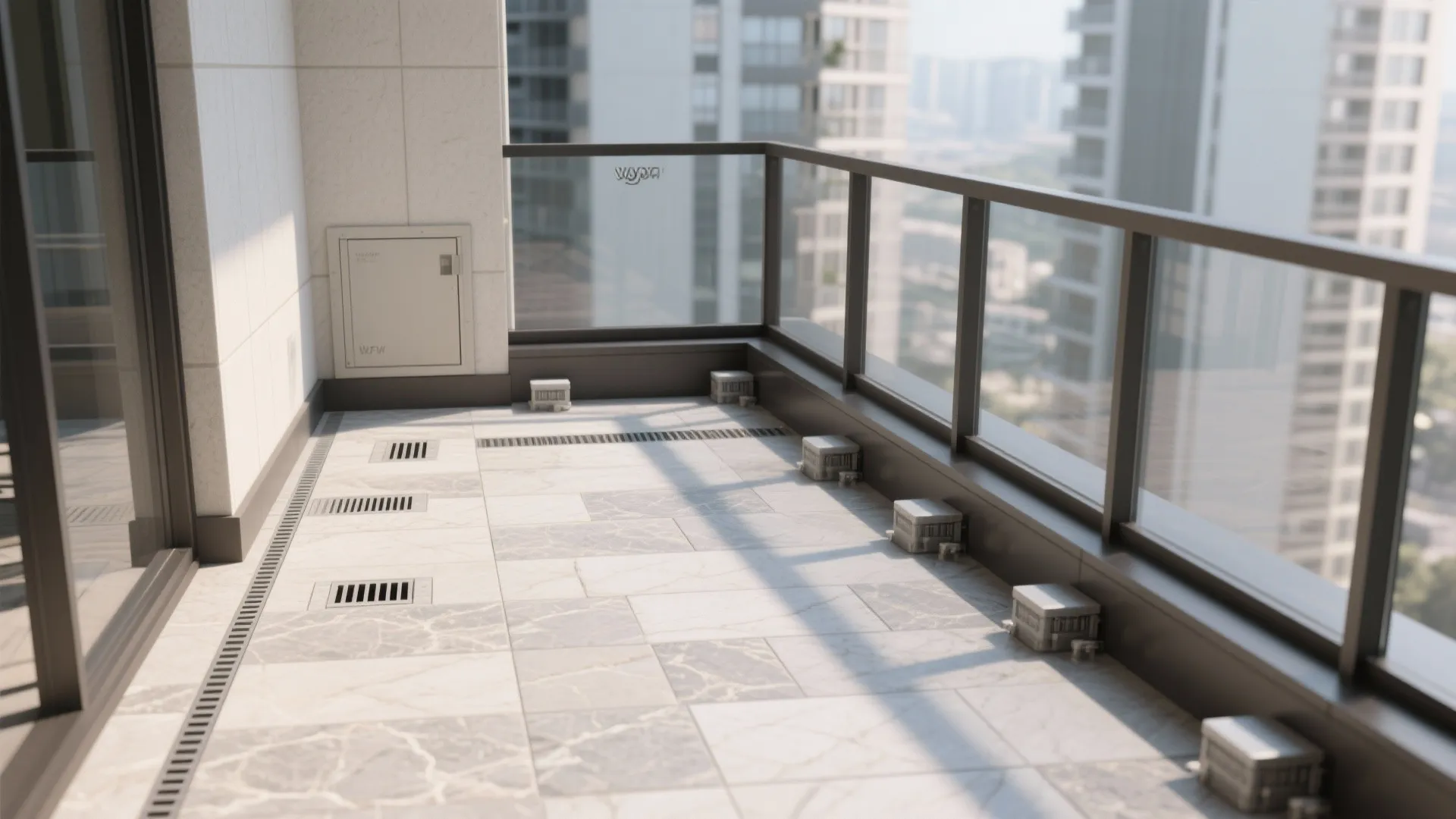 Stone-look pavers on adjustable pedestals with framed border and edge trim.