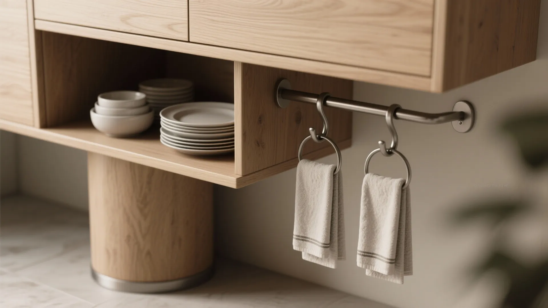 Wooden kitchen cabinet with open shelving for ceramic dishes and two small hanging white hand towels