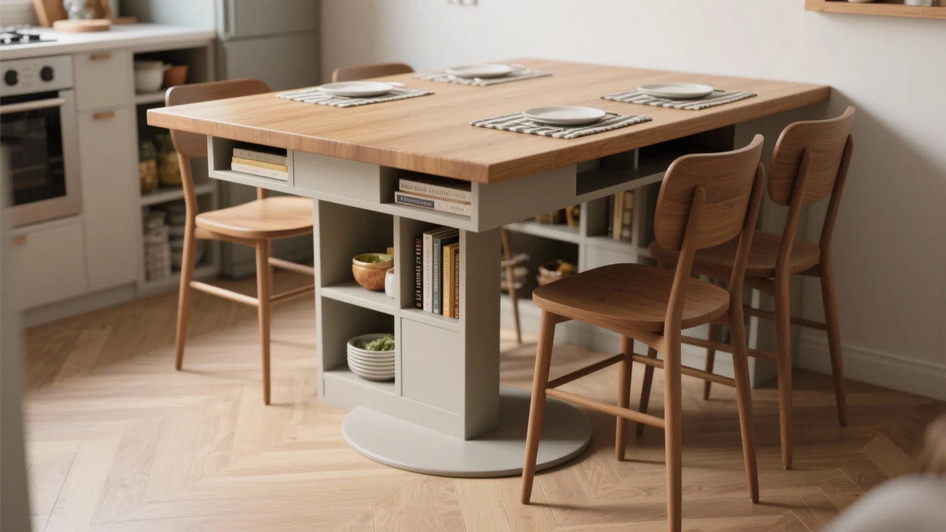 Modern dining table with a wooden top and pedestal base storage shelves plus four matching chairs