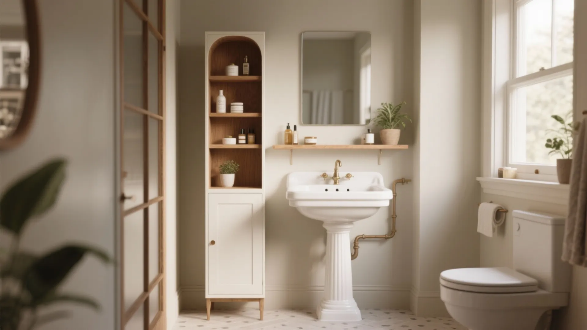 5. Pedestal sink with added vertical storage — charm plus function