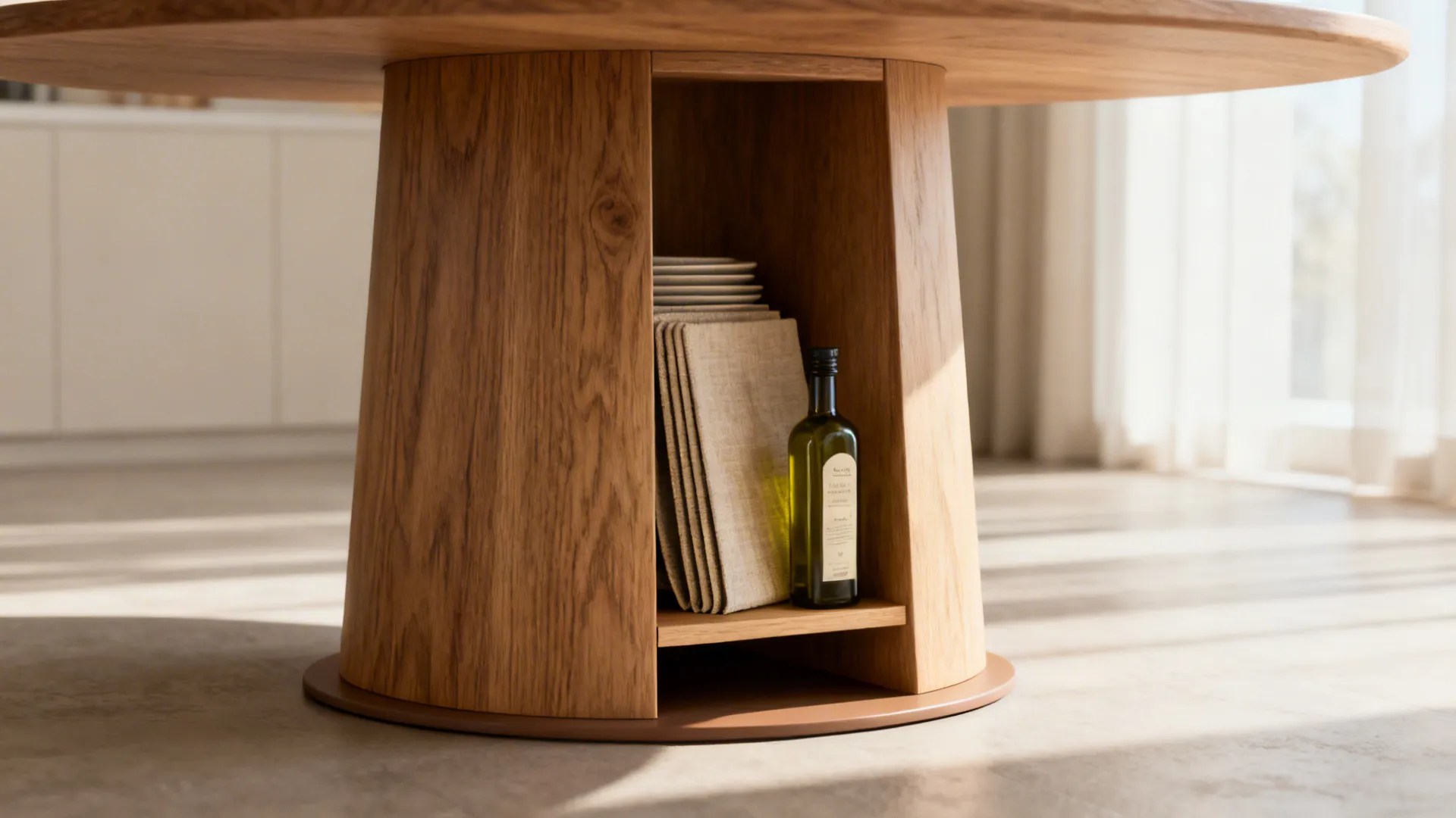 Close-up of a pedestal table stem with a hidden cubby storing placemats