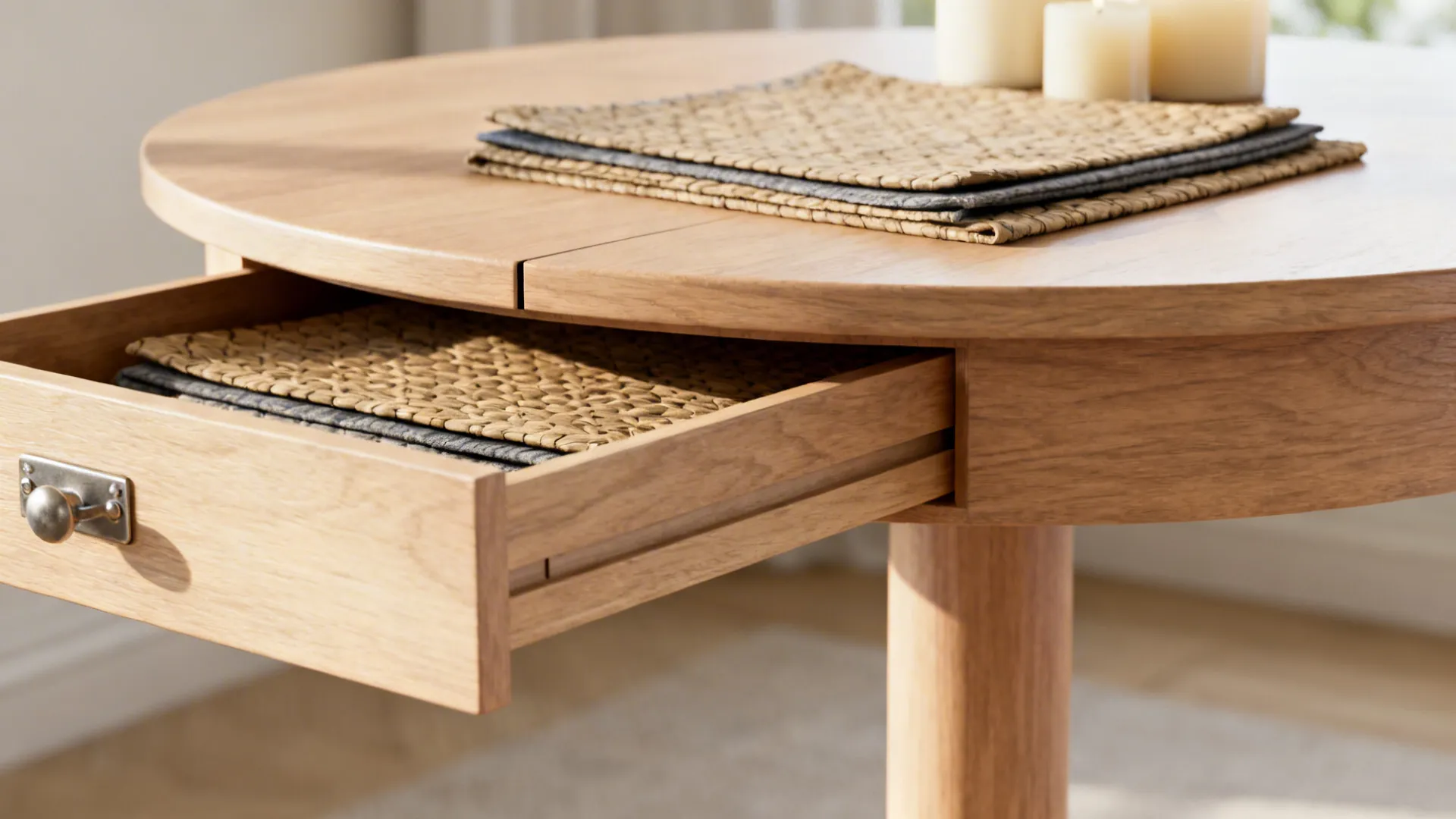 Close-up of a slim pedestal round table showing built-in hidden storage with placemats