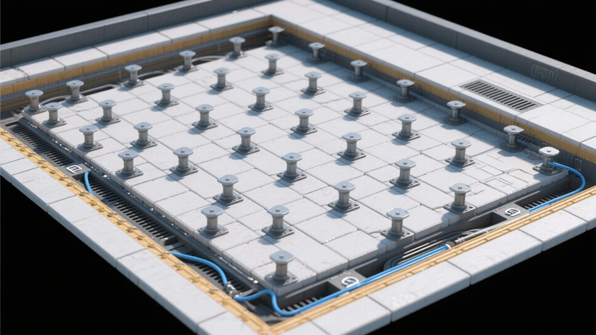 Top-down view of pedestal paver grid with edge restraint and service voids.