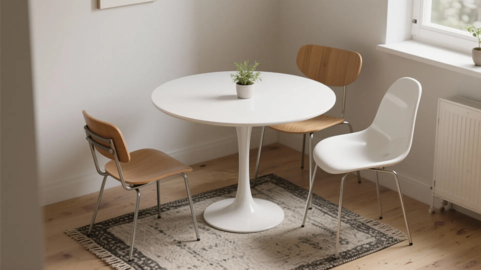 1. Slim pedestal table + mixed white chairs