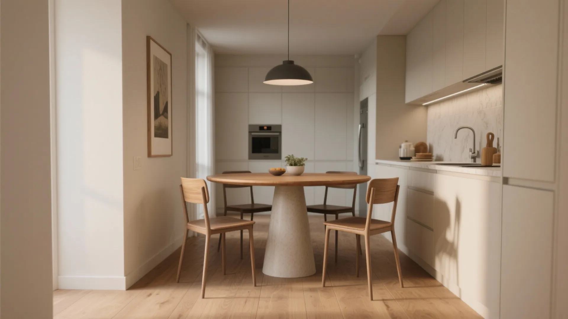 Modern kitchen with round wood dining table four chairs black ceiling light and white cabinets