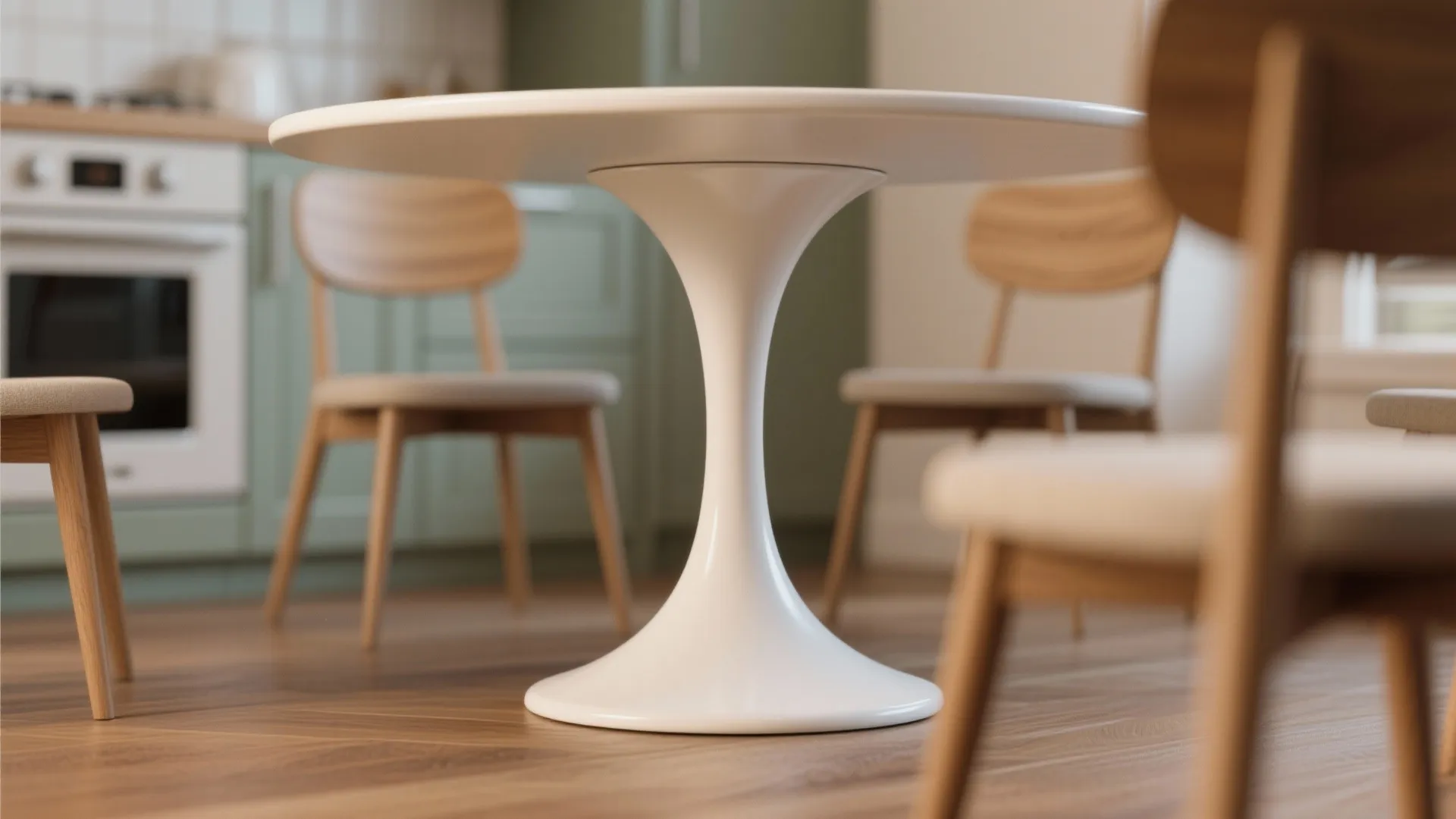 White round dining table with a single base in a kitchen with wooden chairs and floor