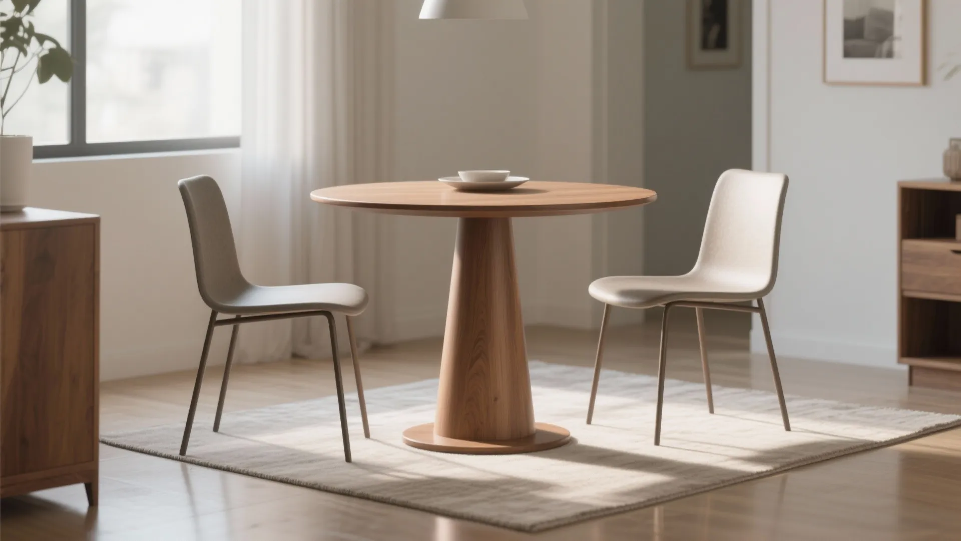 1. Slim pedestal table + two slim chairs