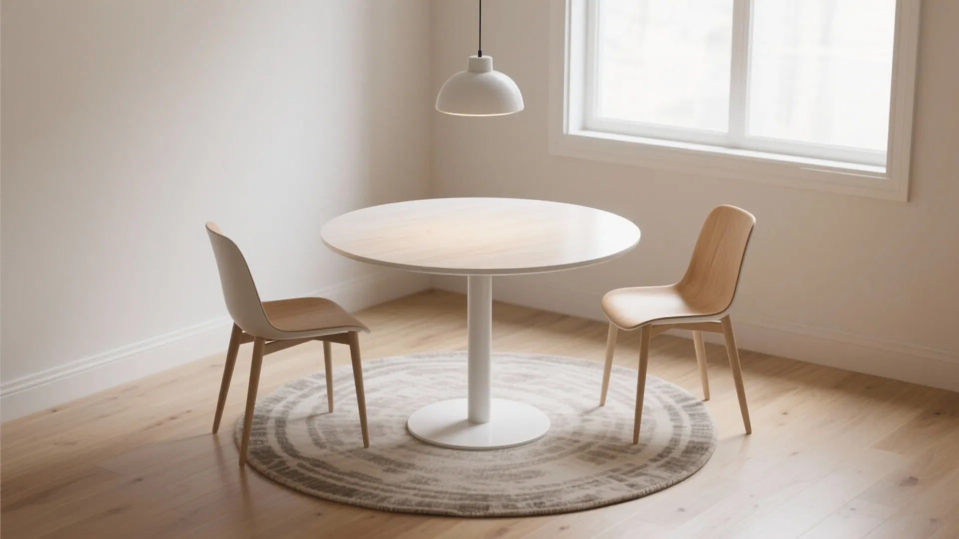 Minimalist dining space with white round pedestal table two wooden chairs rug and white ceiling light