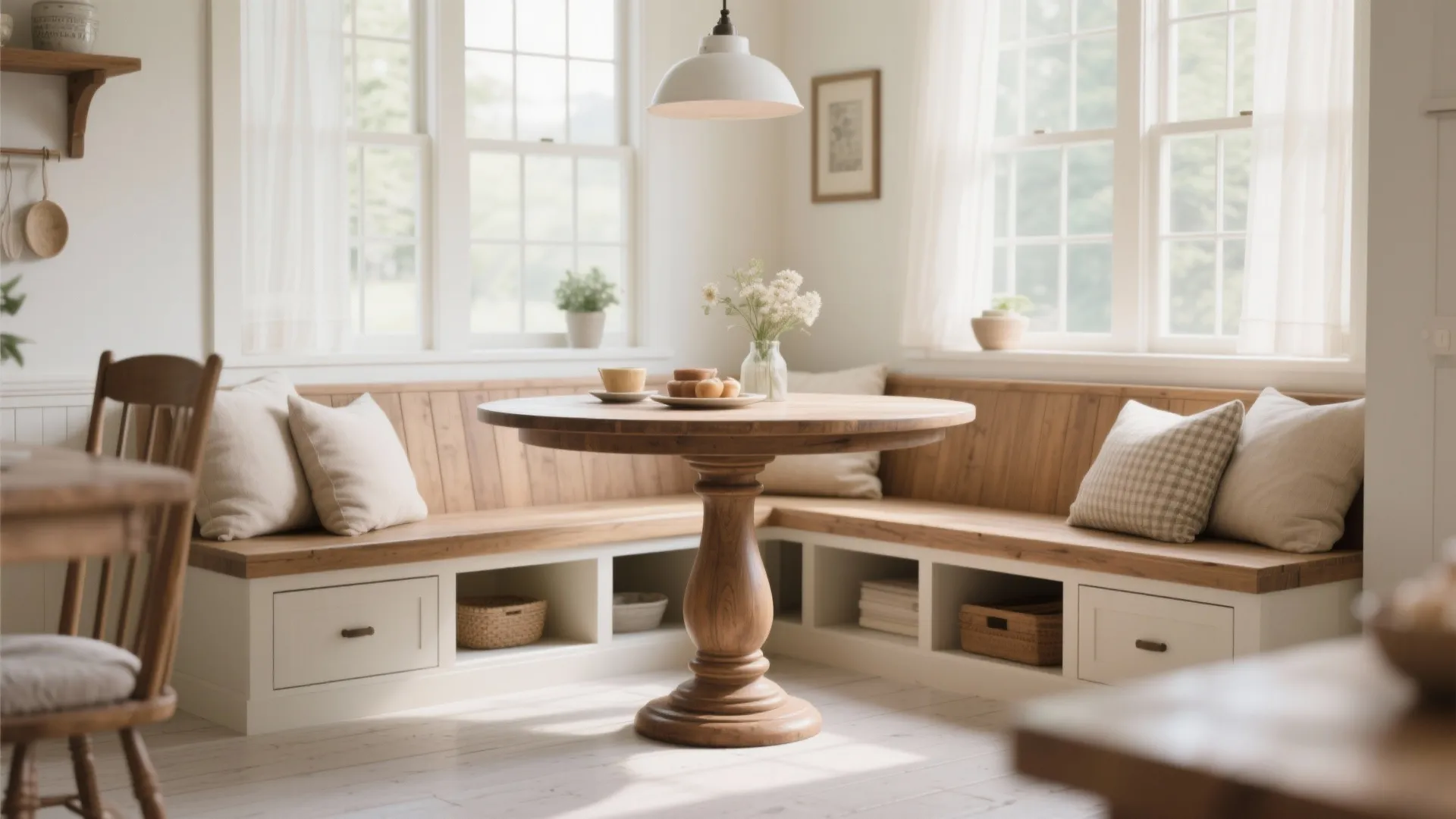 Bright breakfast nook with round wooden table corner bench seating white pillows and large windows