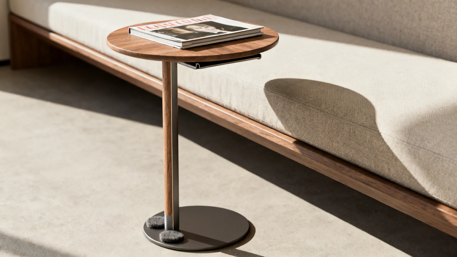 Slim round pedestal side table next to a narrow sofa with a magazine underneath