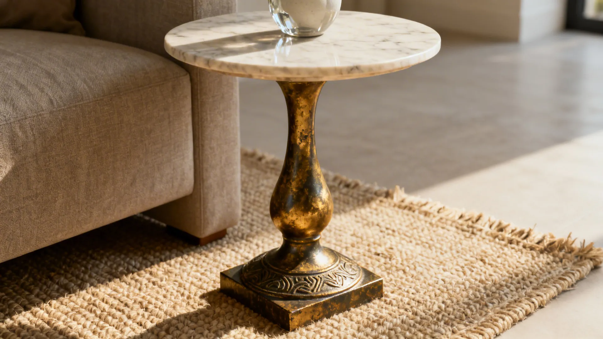 Slim pedestal accent table with sculptural base next to a sofa