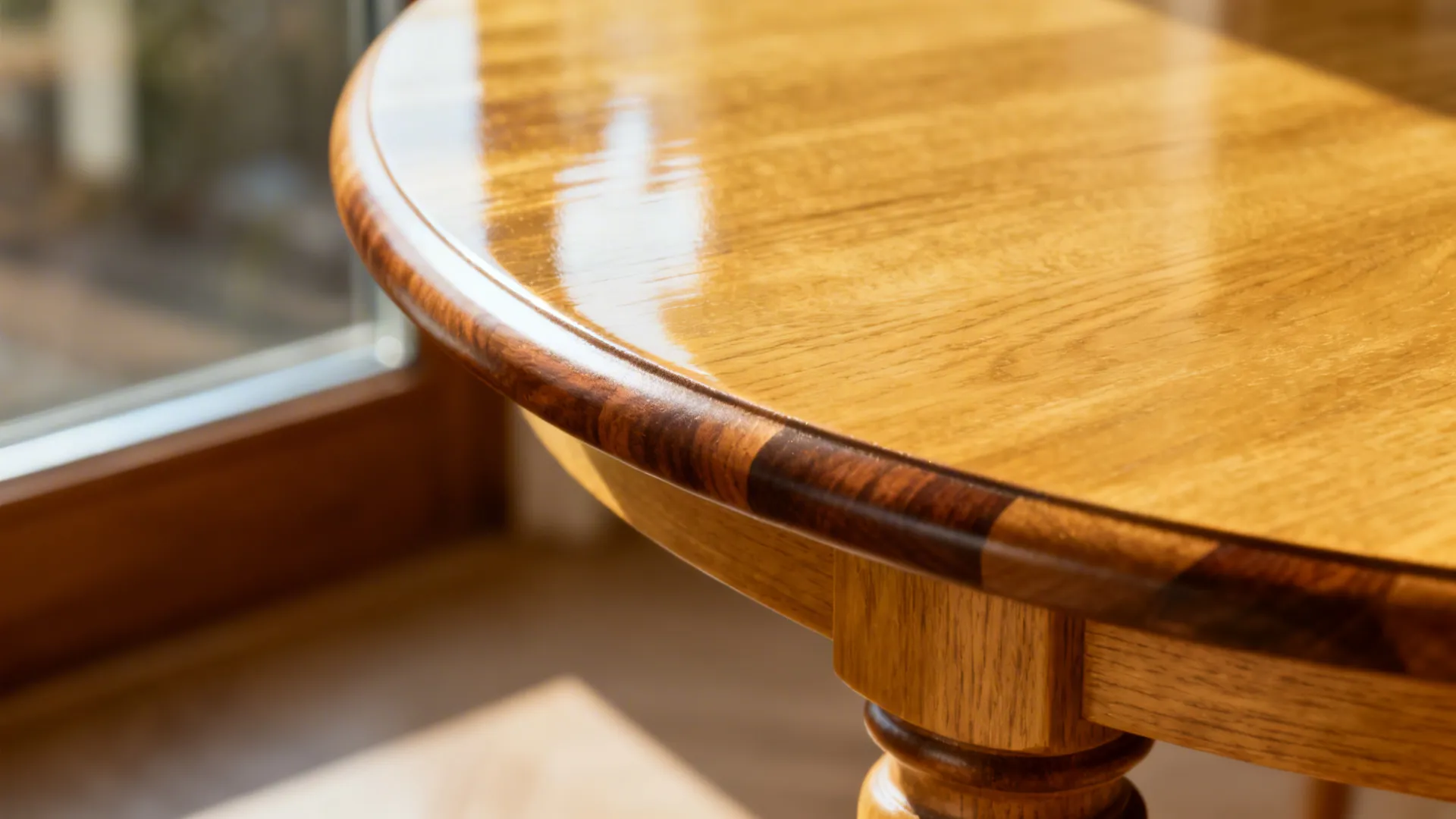 Macro of a rounded-edge pedestal table with walnut grain in soft daylight.