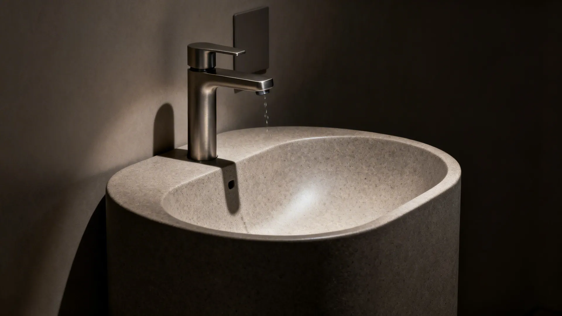Macro of matte stone composite pedestal basin with soft curves and touchless tap.