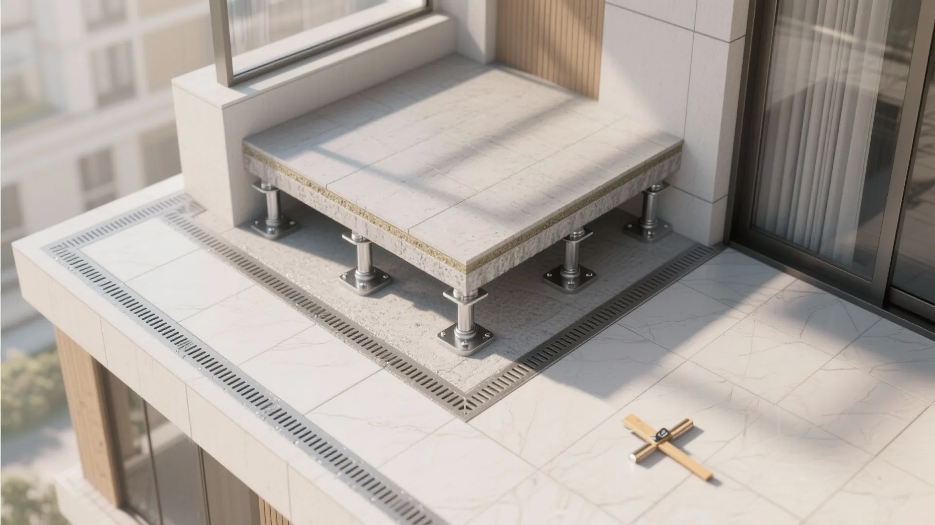 Elevated outdoor floor system showing stone tiles supported by metal adjustable stands on a balcony